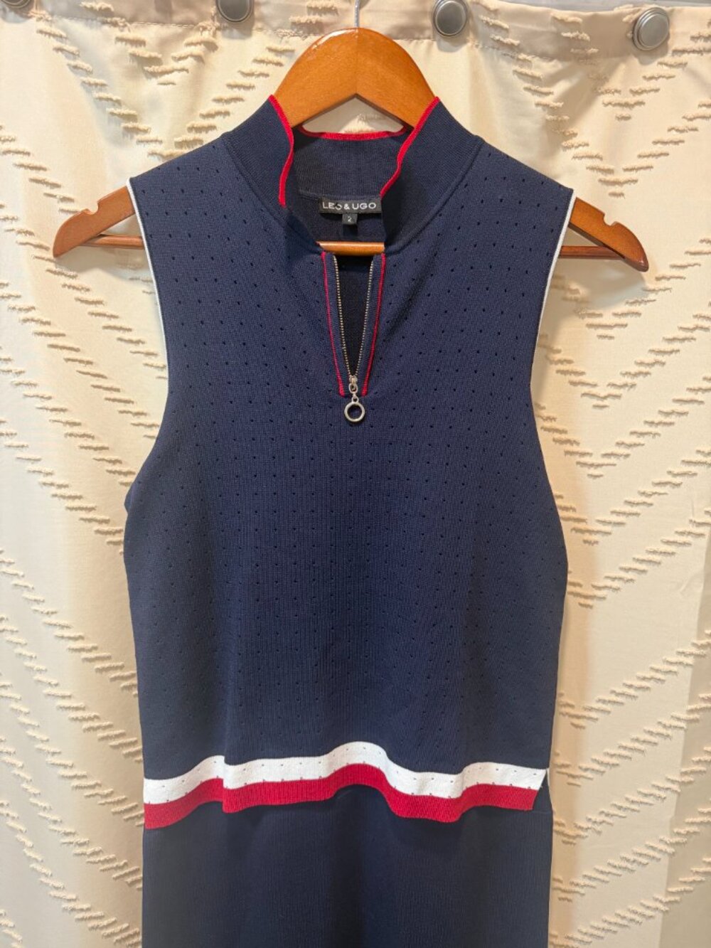 Leo & Ugo Dress Knit Navy Blue Red White Layered Mock Neck Zip France Summer - Picture 5 of 12